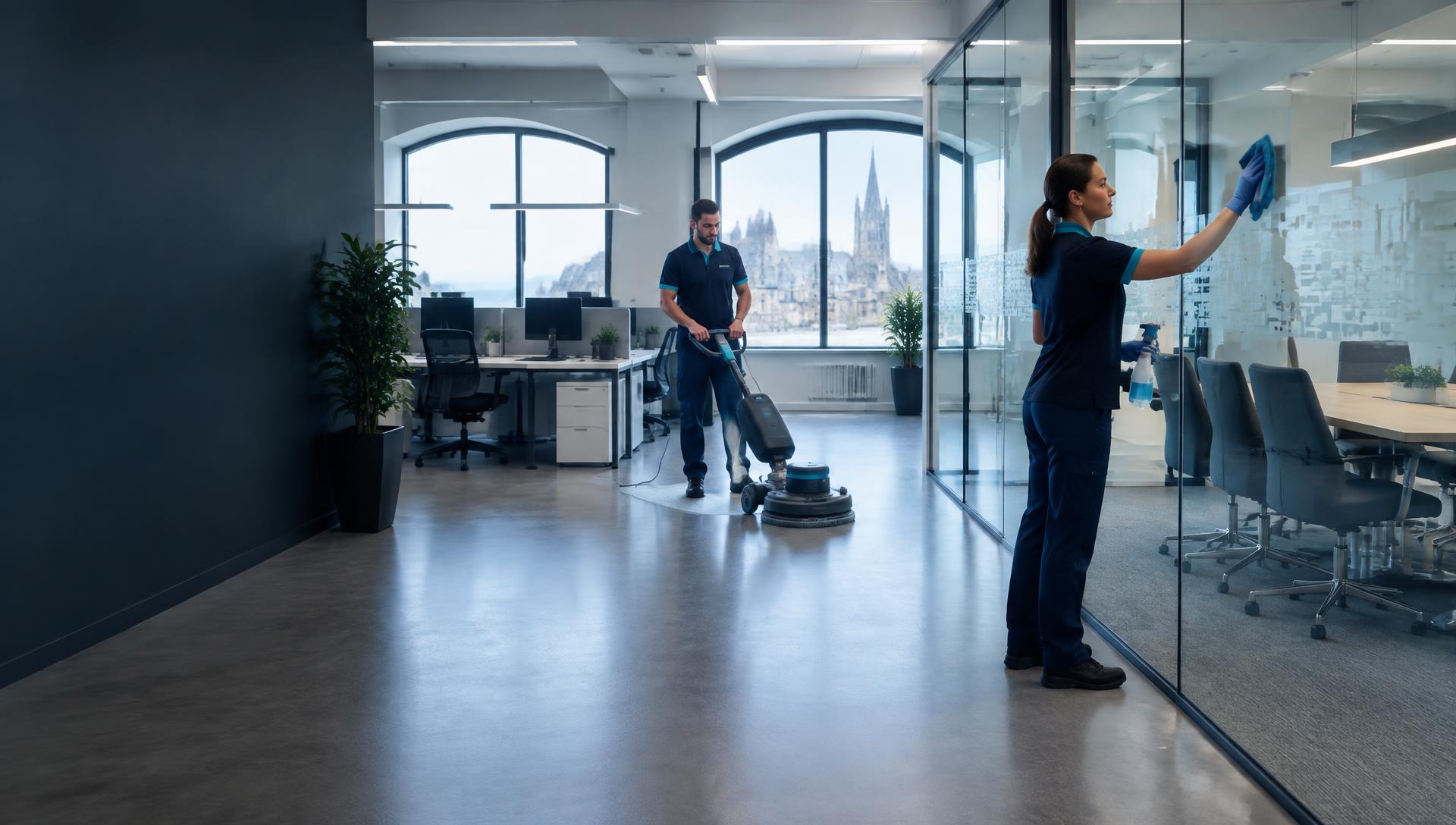 Professional cleaning team working inside a modern Cornwall office